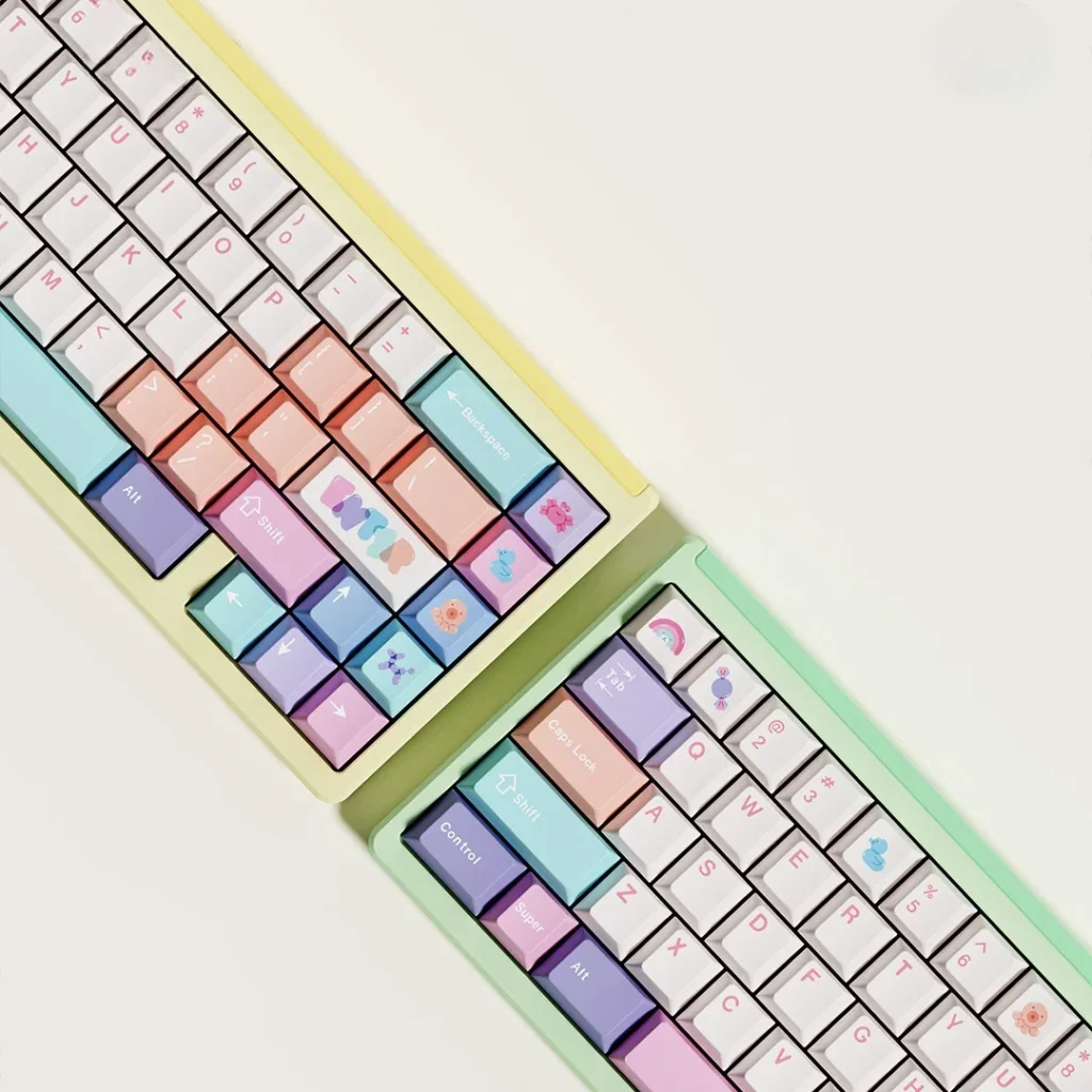 Detailed shot of Balloon Party mechanical keyboard caps, emphasizing intricate dye-sublimation graphics and PBT material texture.