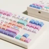 Angled view of Balloon Party mechanical keyboard keycaps, featuring bright pink balloon designs and magnetic axis compatibility.