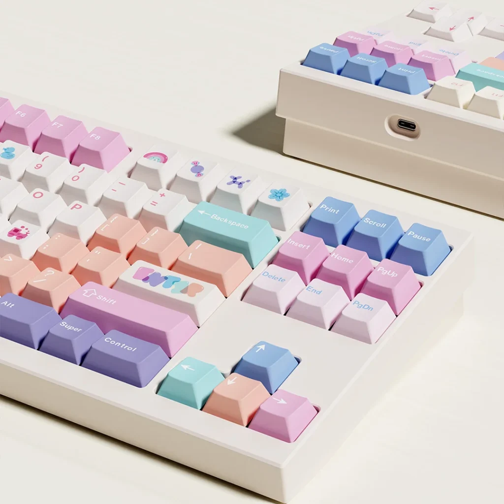 Angled view of Balloon Party mechanical keyboard keycaps, featuring bright pink balloon designs and magnetic axis compatibility.