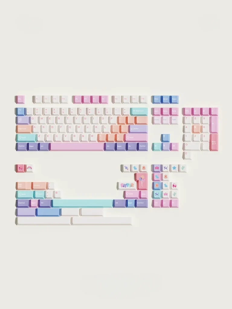 Various angles of Balloon Party PBT keycaps, illustrating durability and unique design for custom mechanical keyboard setups.