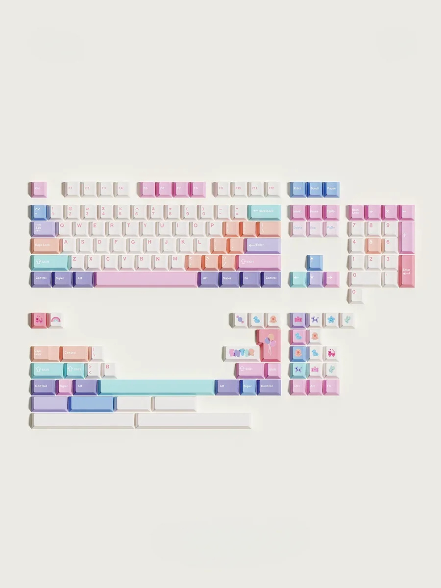 Various angles of Balloon Party PBT keycaps, illustrating durability and unique design for custom mechanical keyboard setups.