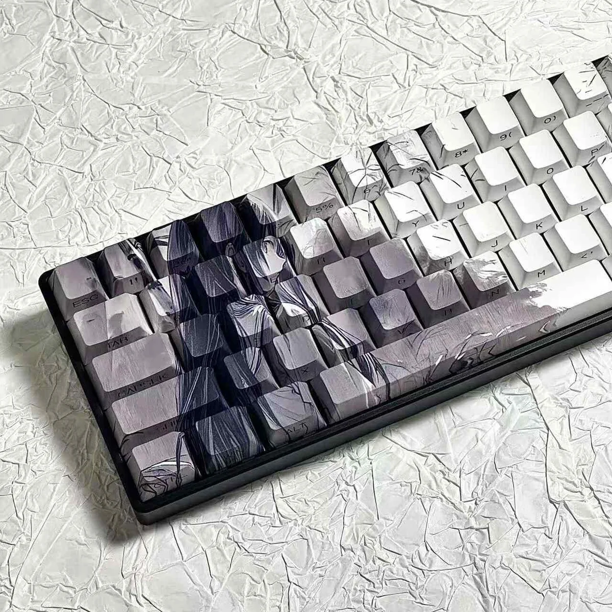 Angled view: Artistic Bamboo Rain PBT Keycaps Set. Unique side-lit design with serene bamboo forest, falling rain, and original character subtly glowiing.