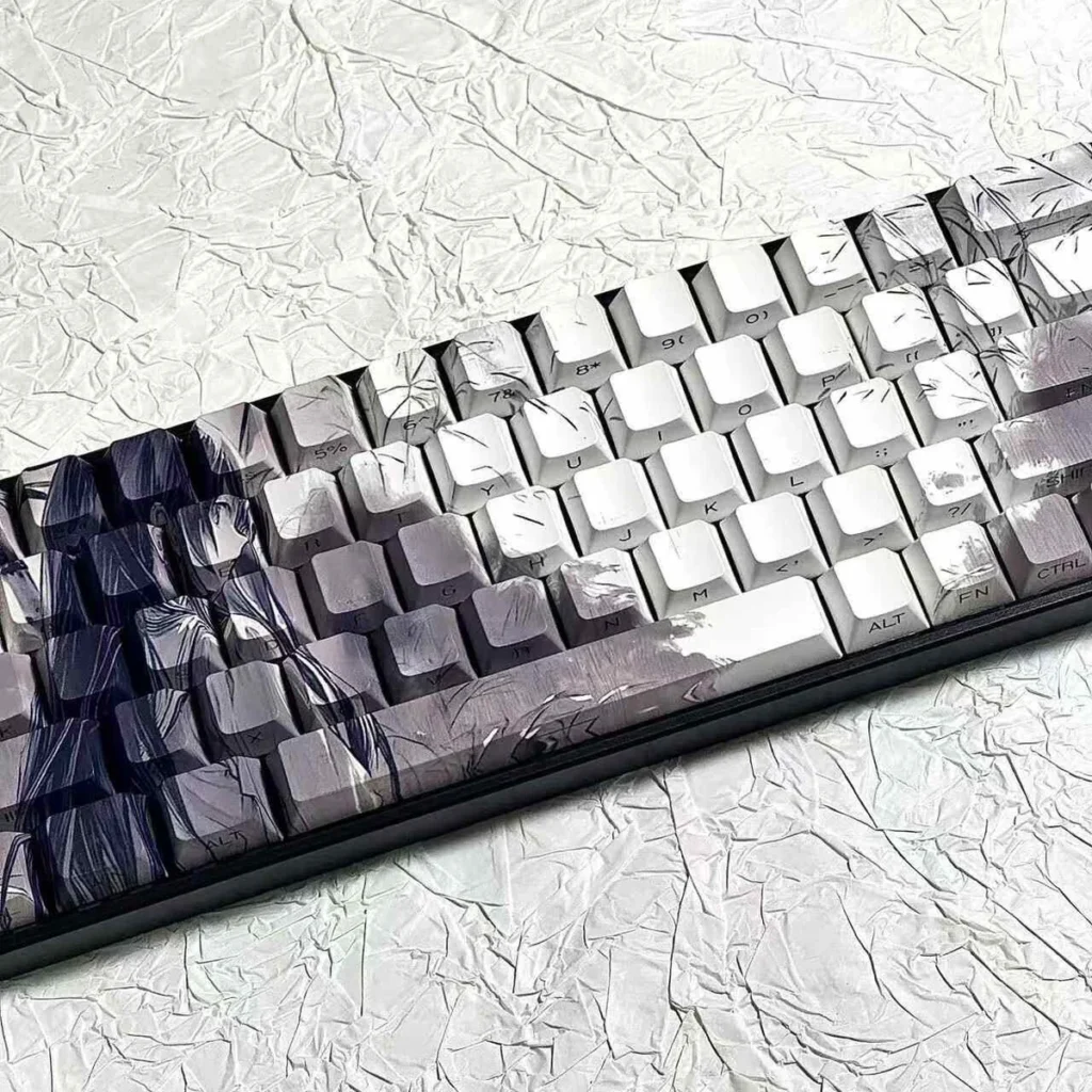 Artistic Bamboo Rain side-lit PBT keycaps set feature a unique serene bamboo rain design with a character, subtly illuminated.