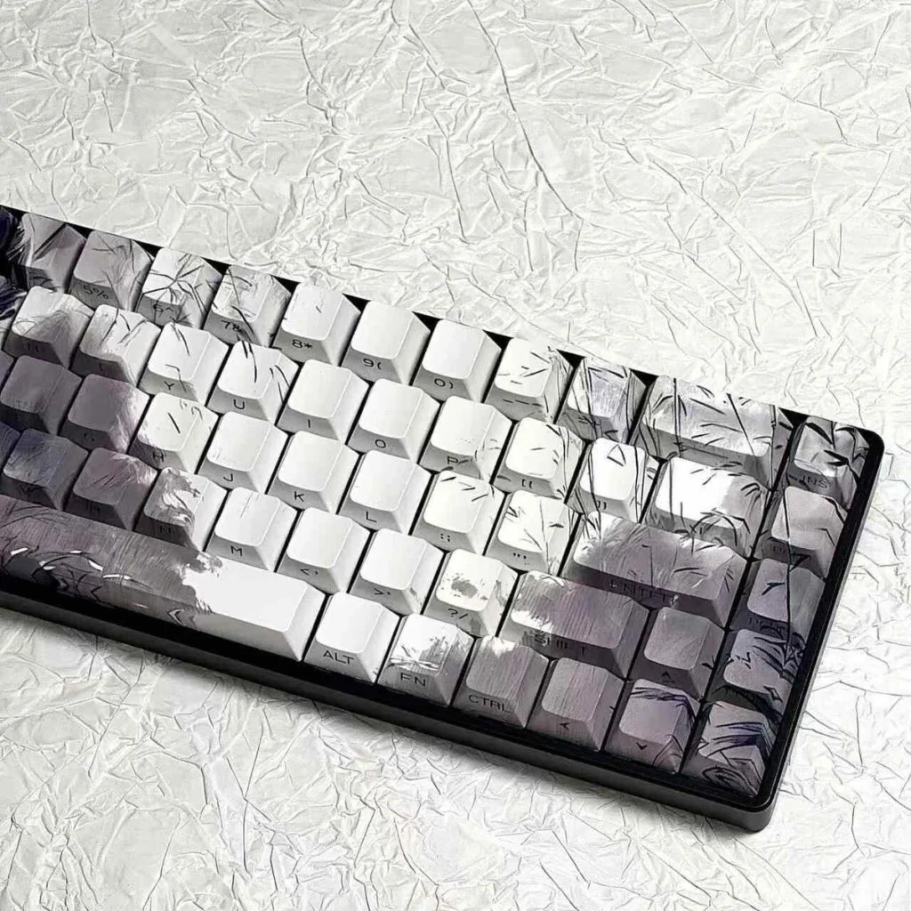 Artistic Bamboo Rain PBT keycaps set from multiple angles, showcasing the unique side-lit design with serene bamboo, falling rain, and a character.