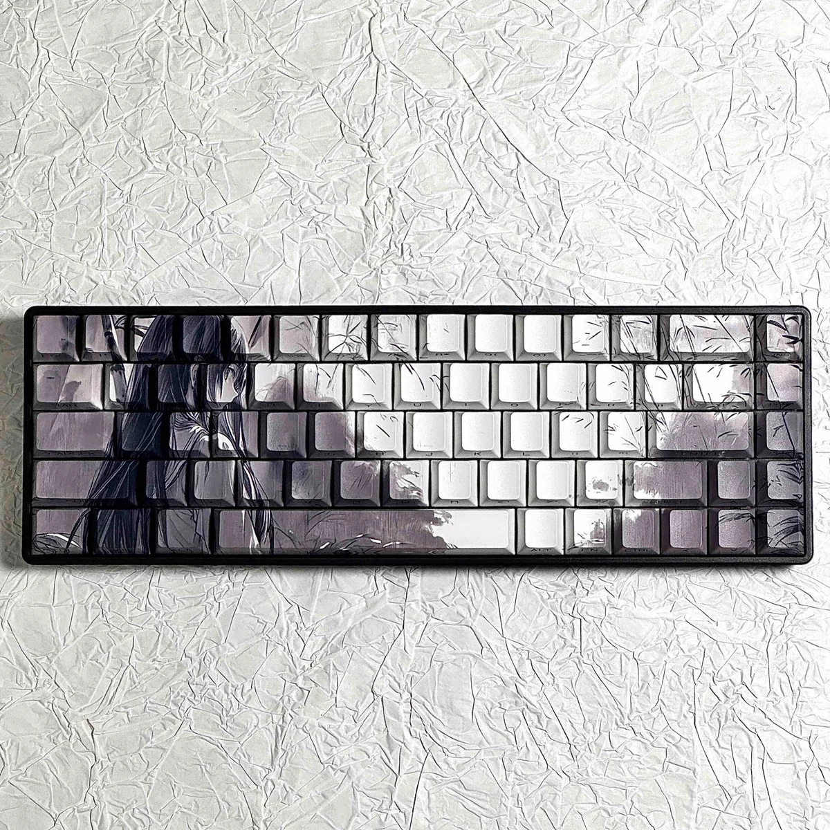 Artistic Bamboo Rain PBT Keycaps Set, showing their unique side-lit design. Serene bamboo, falling rain, and original character subtly illuminated.