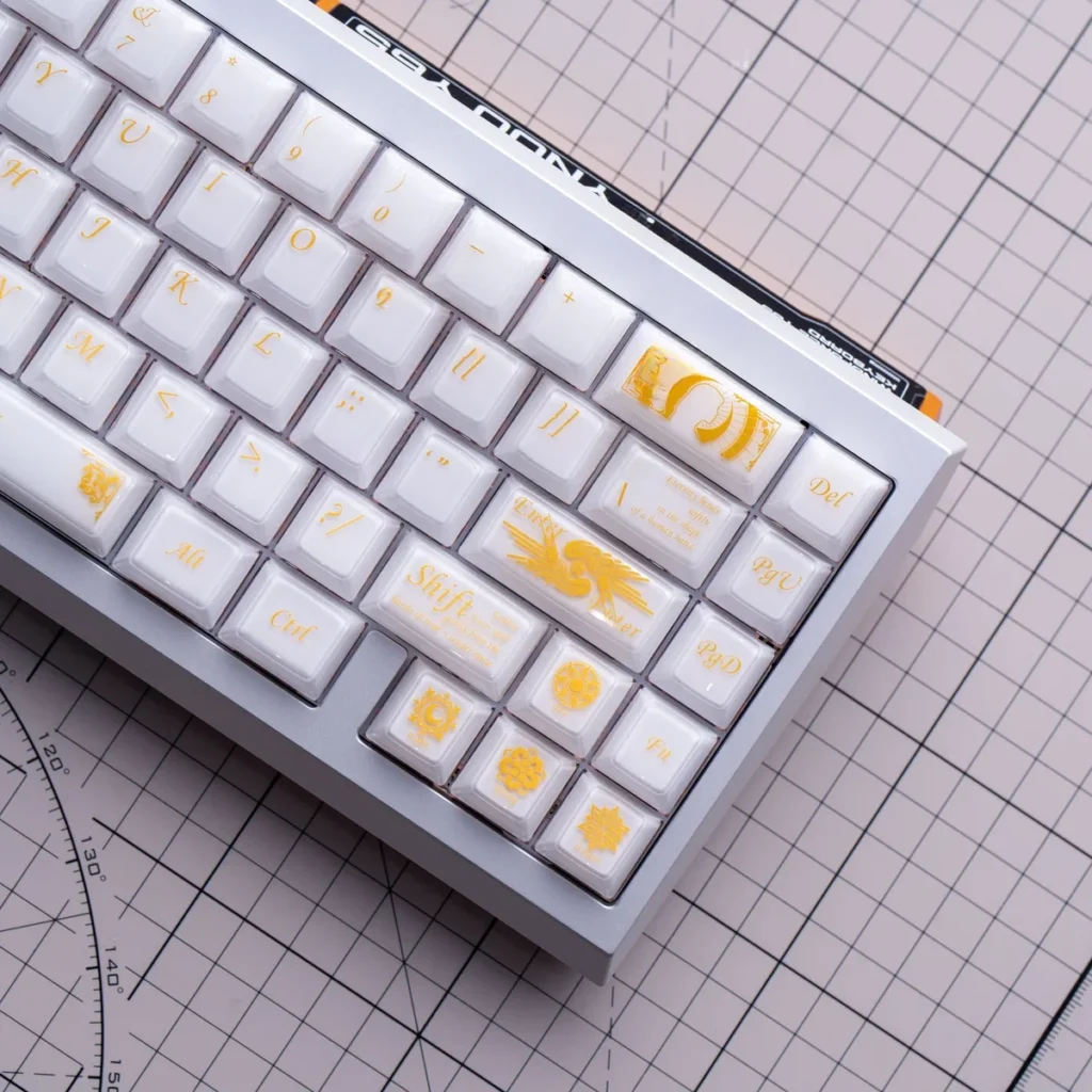 A collection of Baroque Crystal Jelly Keycaps set for magnetic switch keyboards, showcasing ornate patterns and translucent designs from multiple angles.