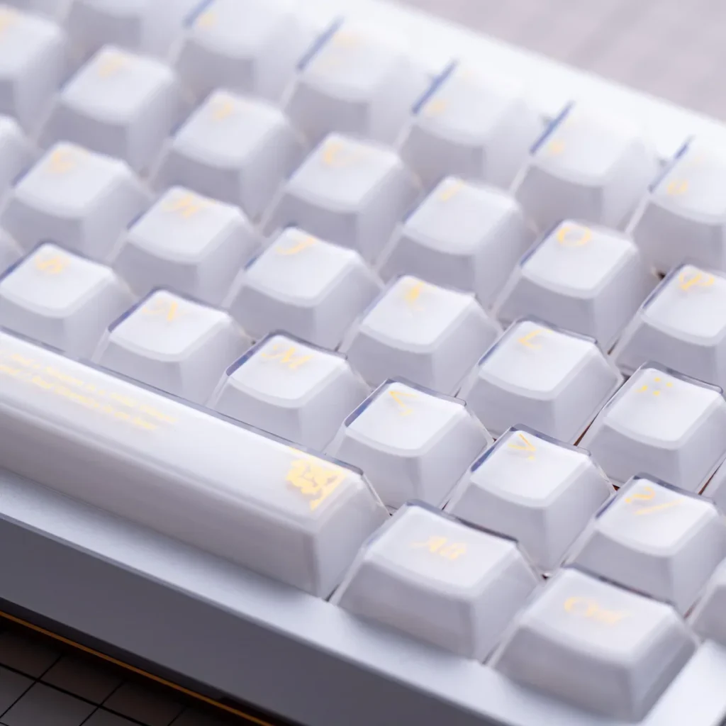 Close-up views of Baroque Crystal Jelly Magnetic Keycaps Set, showcasing ornate patterns and translucent design for magnetic switch keyboards.