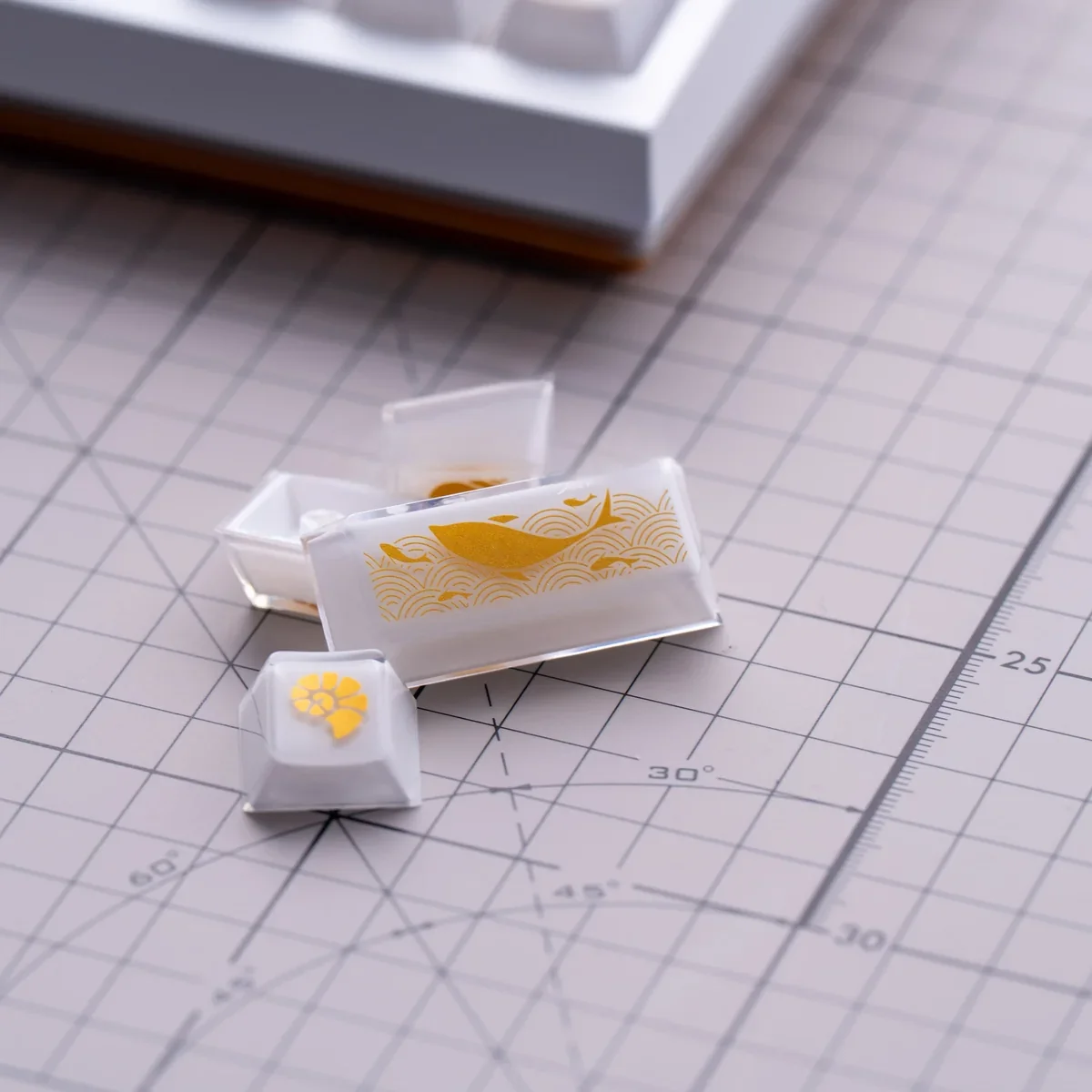 Baroque Crystal Jelly Magnetic Keycaps Set, showcasing ornate translucent designs and crystal-clear jelly texture from multiple angles for magnetic switch.