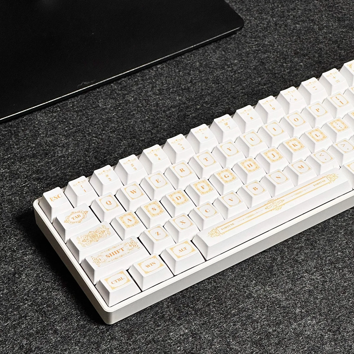 Baroque PBT dye-sub keycap set close-up, showcasing intricate platinum patterns, elegant neutral tones, and durable PBT material for exquisite artistry.