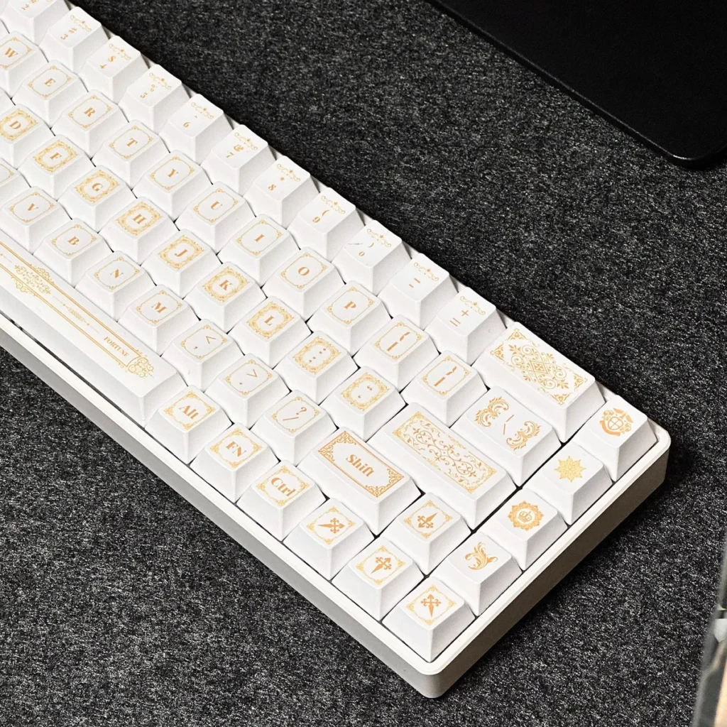Baroque PBT Dye-Sub Keycaps Set, intricate platinum-neutral patterns from all angles, highlight exquisite artistry and PBT durability.