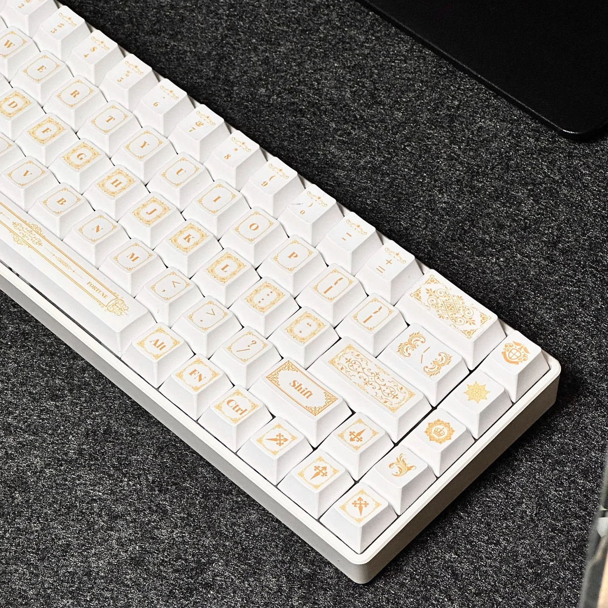 Baroque PBT Dye-Sub Keycaps Set, intricate platinum-neutral patterns from all angles, highlight exquisite artistry and PBT durability.