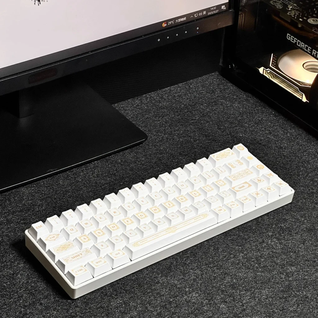 Baroque Keycaps Set: Exquisite PBT Dye-Sub set with intricate patterns in platinum and neutral tones, embodying historical grandeur and superior durability design.