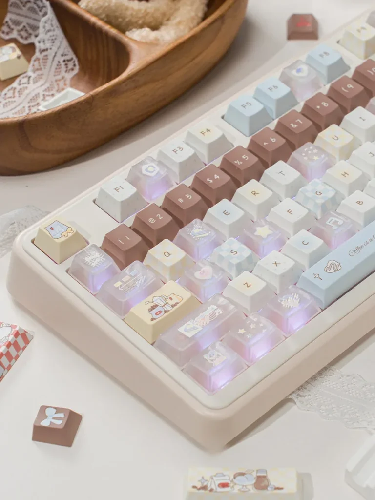 Detailed view of Bear Cafe Cherry Keycap Set, showcasing charming characters and quality PBT dye-sub.