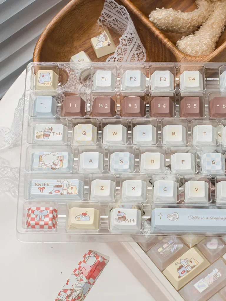 Multiple angles of Whimsical Bear Cafe Cherry Keycap Set, highlighting durable PBT and luminous PC materials.