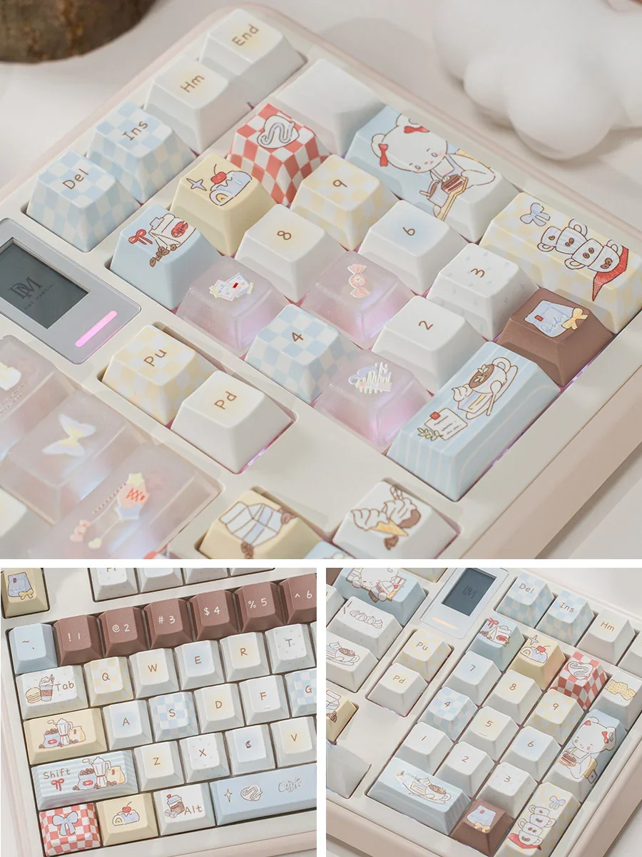 Adorable Bear Cafe Keyboard Accessories, PBT dye-sublimated with luminous PC, vibrant coffee shop theme.