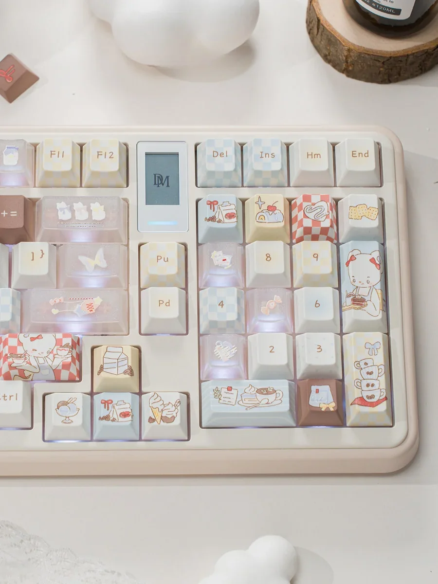 Charming Cafe Scene Custom Keycaps, durable PBT and luminous PC, shown from various perspectives.