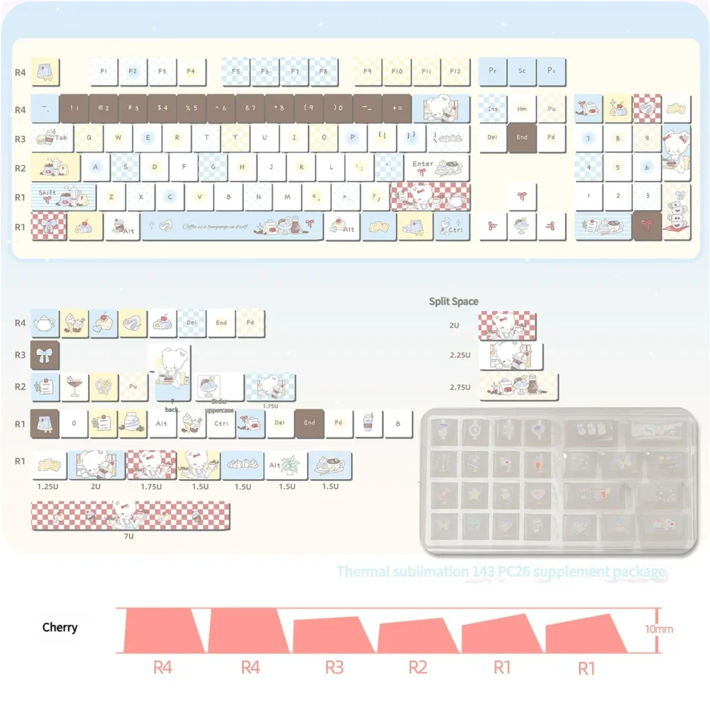 Cozy Bear Barista Keyboard Caps, PBT keys with coffee cups, luminous PC accents for a vibrant mechanical keyboard.