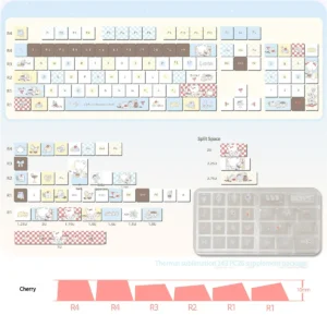 Cozy Bear Barista Keyboard Caps, PBT keys with coffee cups, luminous PC accents for a vibrant mechanical keyboard.