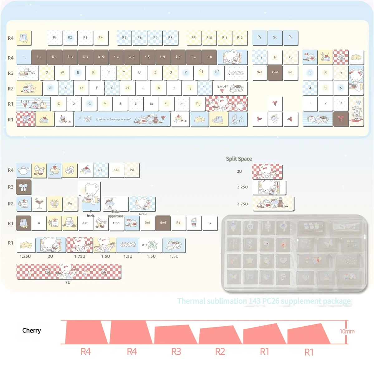 Cozy Bear Barista Keyboard Caps, PBT keys with coffee cups, luminous PC accents for a vibrant mechanical keyboard.