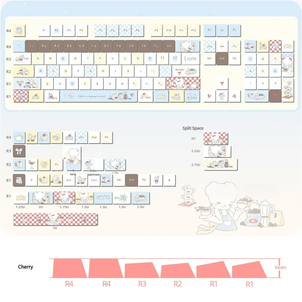 Full 143-Key PBT Dye-Sub Bear Cafe Keyboard Cap Set, playful bears in a cozy coffee shop scene, durable finish.