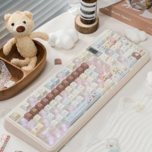 Playful Bear Cafe Cherry Keycap Set, vibrant coffee shop design, PBT and luminous PC construction.