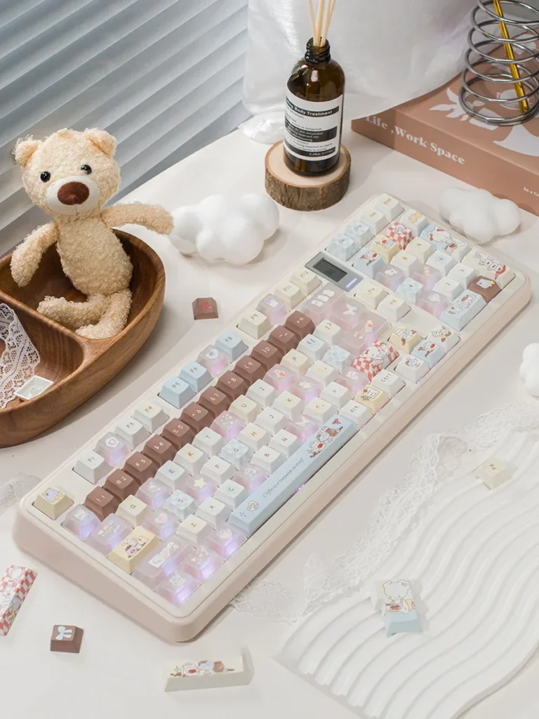 Playful Bear Cafe Cherry Keycap Set, vibrant coffee shop design, PBT and luminous PC construction.
