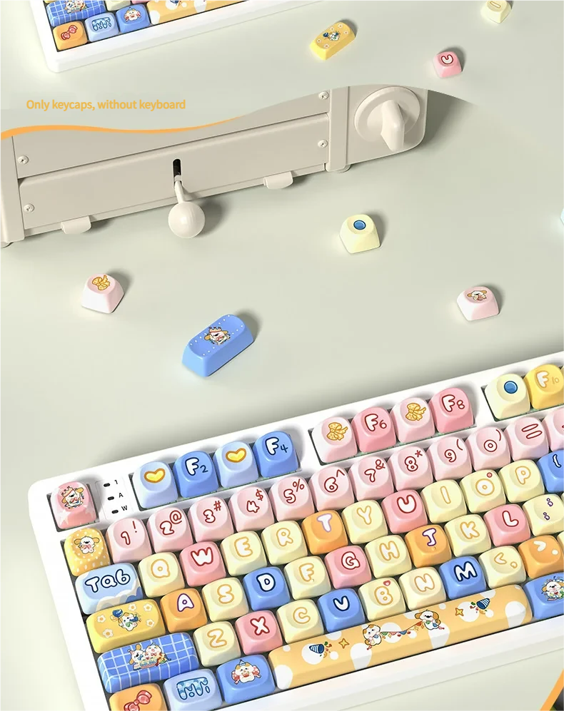 Vibrant PBT Dye-Sub Birthday Keycaps Set from multiple angles, showcasing playful balloons, cakes, and confetti in pastel hues.