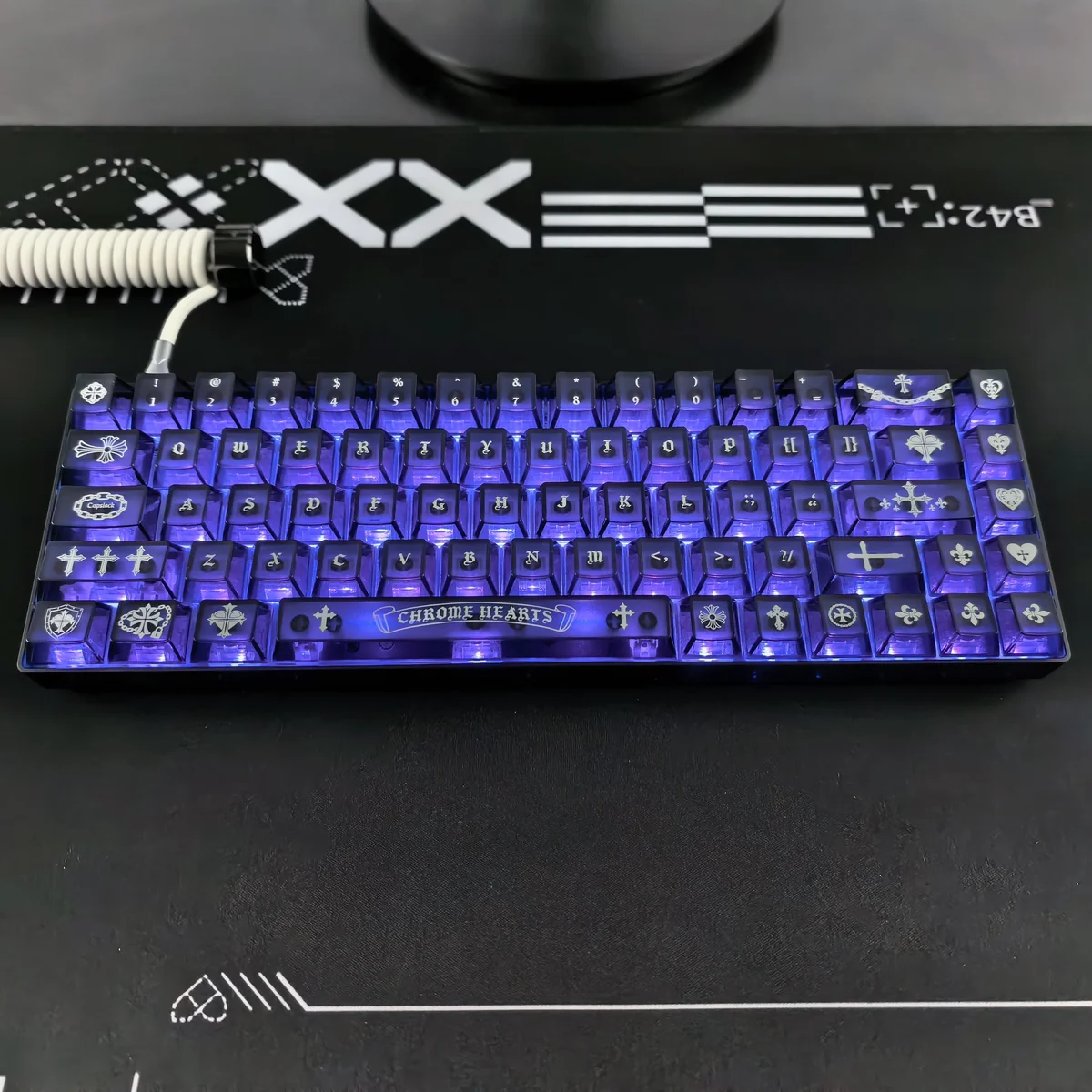 Gothic Chrome Hearts frosted PC keycap set gallery, revealing its edgy design, dark elegance, and glowing RGB effect from multiple angles.