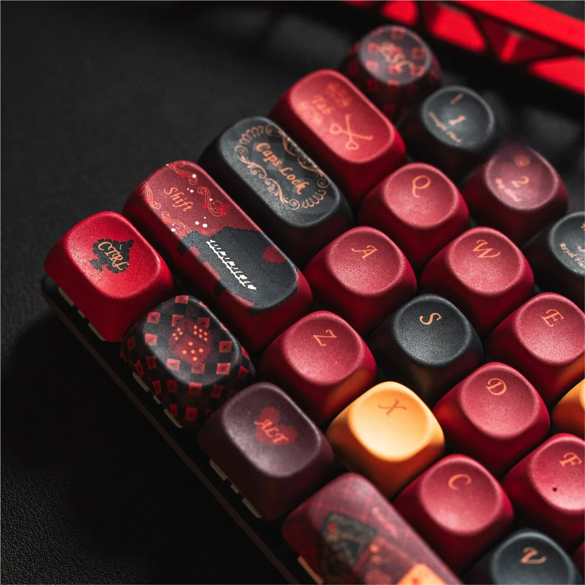 Black Spade Queen MOA PBT keycap set, viewed from an elegant side angle, showcasing the unique MOA profile and durable PBT material with a monochromatic design.