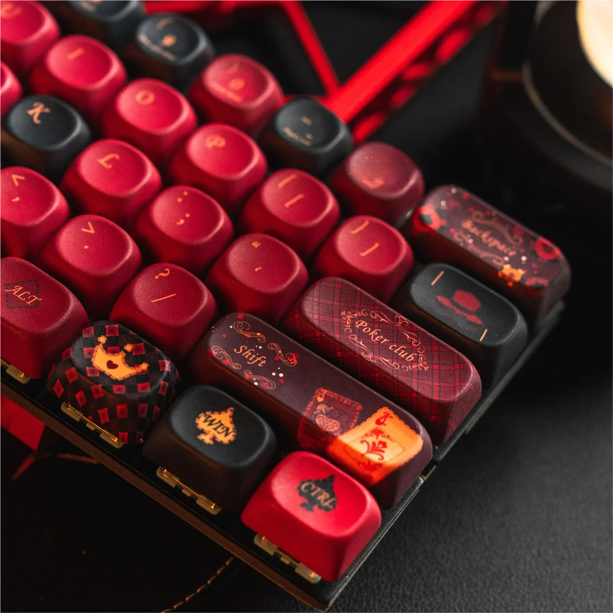 Black Spade Queen MOA PBT keycaps set from various angles, showcasing their unique MOA profile, durable PBT, and elegant monochromatic spade design.