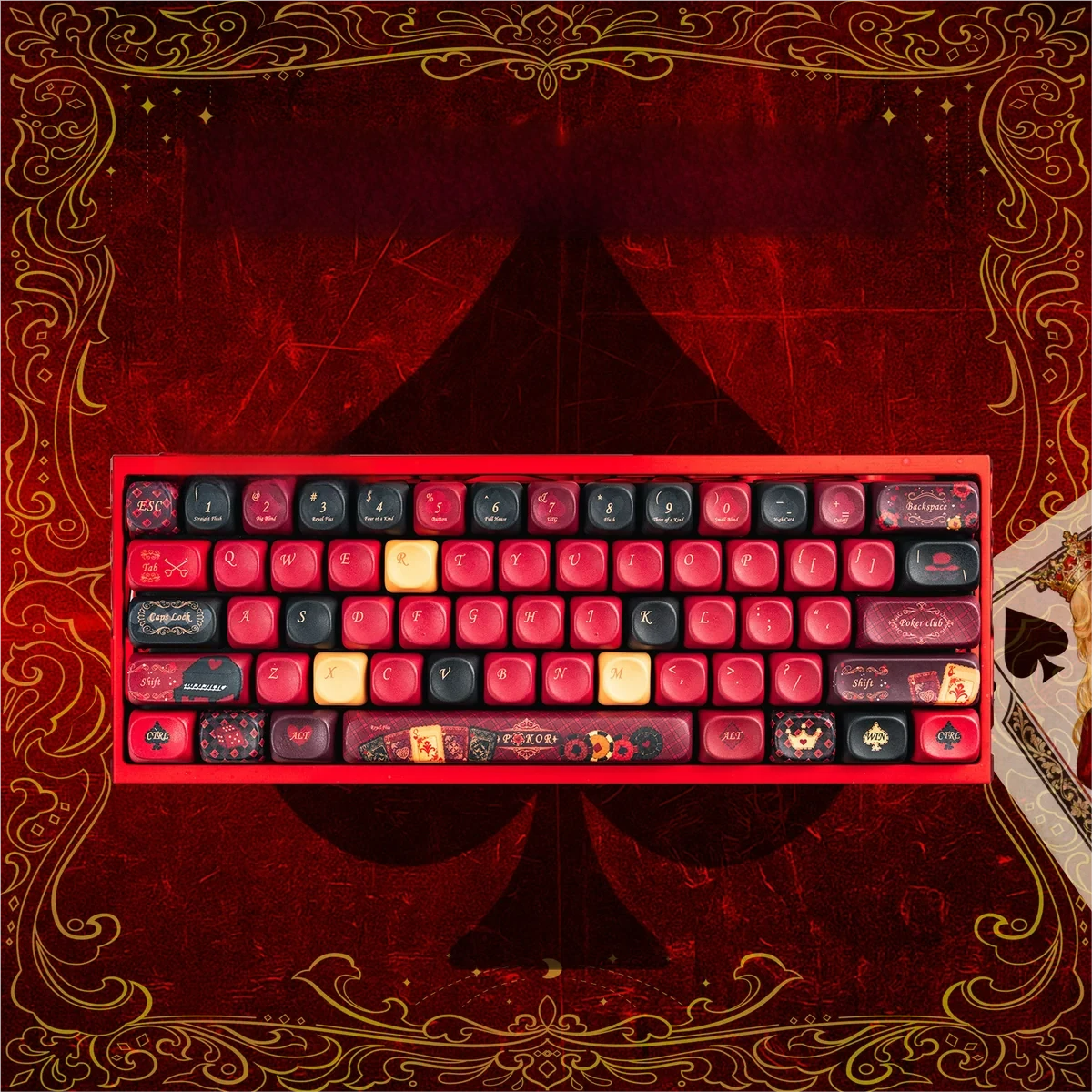 Detailed view of Black Spade Queen MOA PBT keycaps set, showcasing their unique MOA profile, durable PBT build, and elegant monochromatic spade legends.