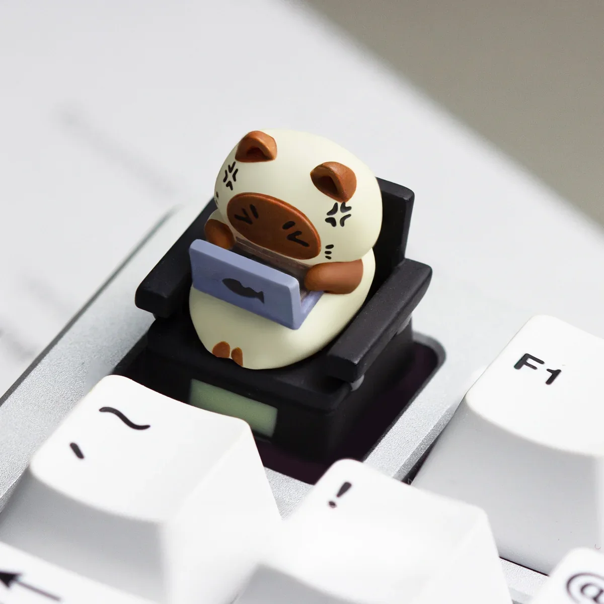 Handcrafted resin Cat Worker Artisan Keycap for ESC, shown at multiple angles. Highlights the charming, playful cat's unique artistic details.