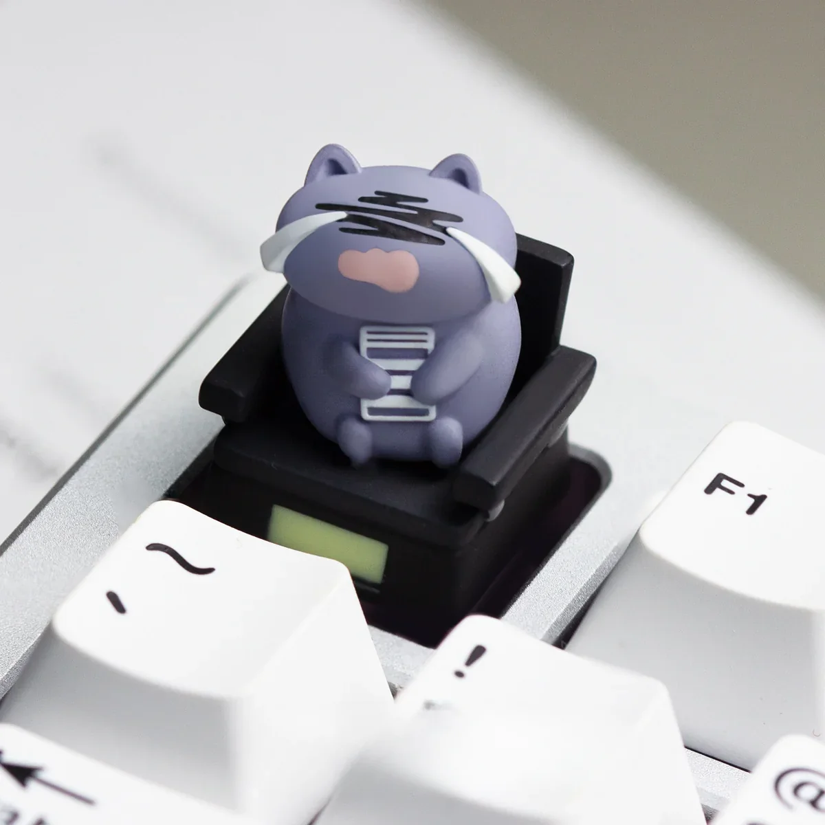 Artistic handcrafted resin Cat Worker Artisan Keycap for ESC, presented from different angles, highlighting the charming cat sculpture in a relatable design.