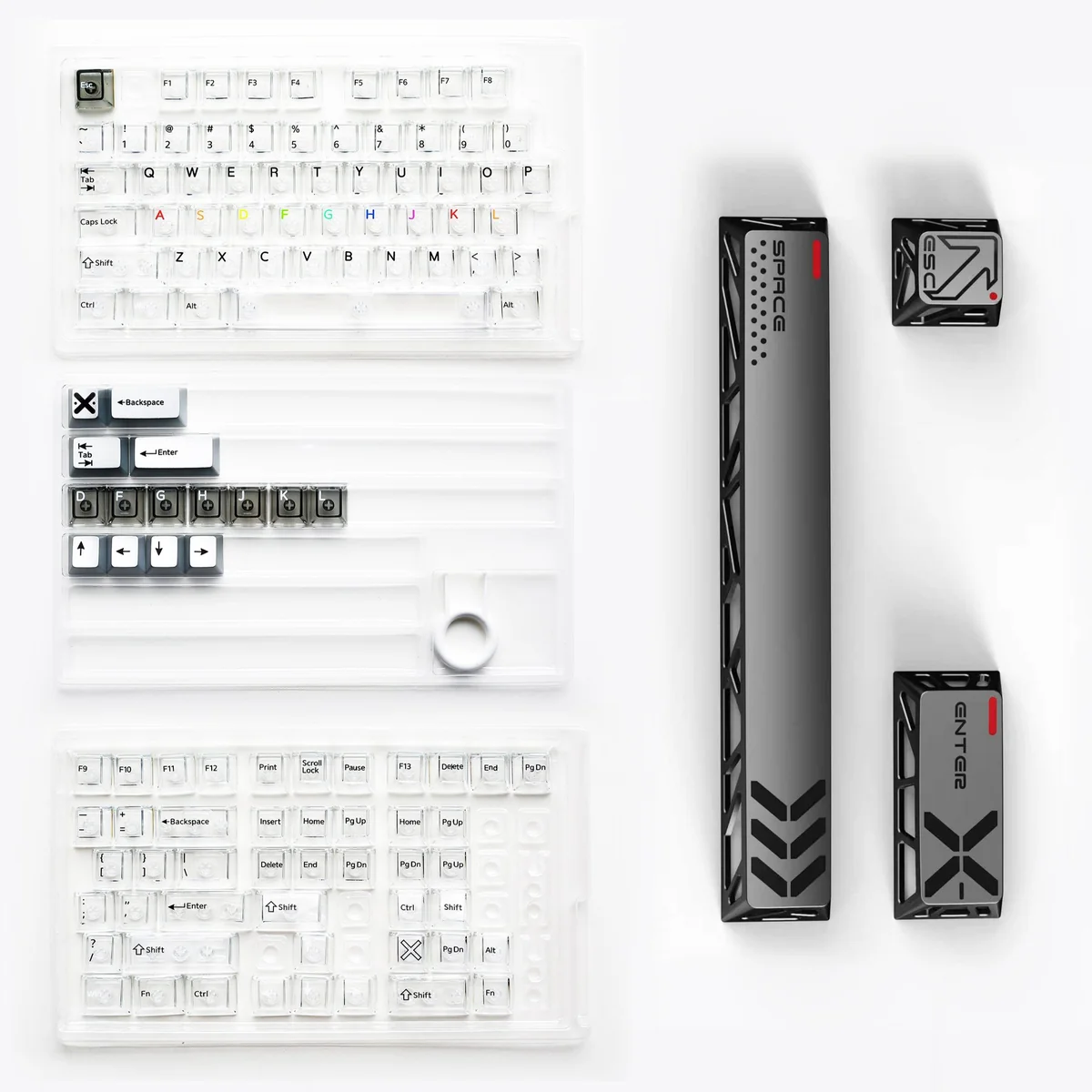 Detailed views of the Celestial Star Artisan Keycap Set, featuring its intricate hollowed aluminum frame and dazzling crystal transparency, capturing lightning design.