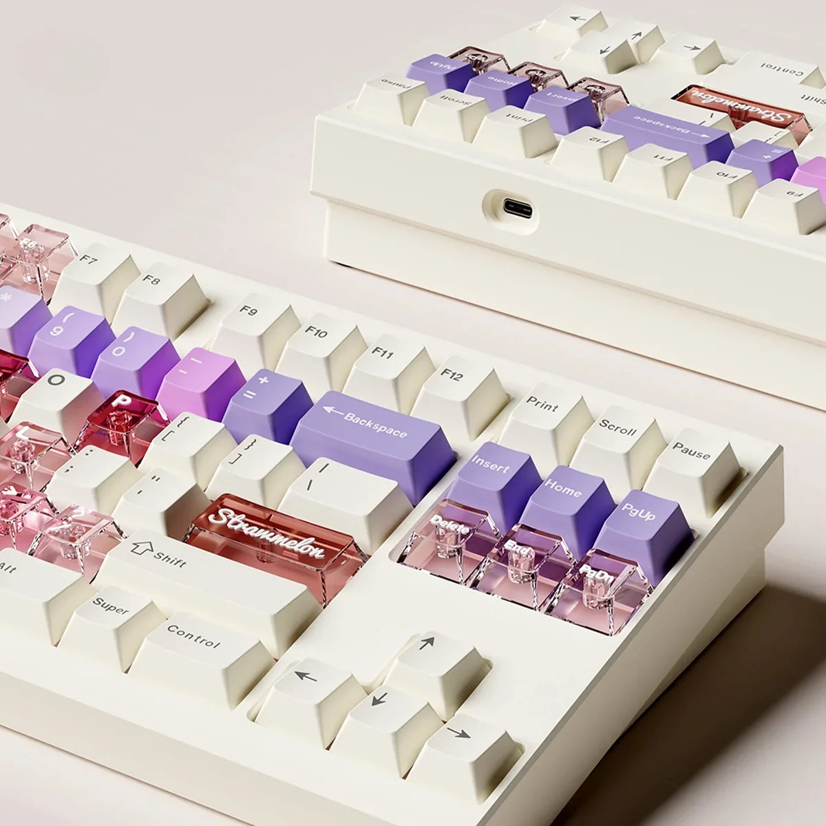 Close-up of durable PBT keyboard caps with charming strawberry and cheese art, perfect for a personalized keyboard.