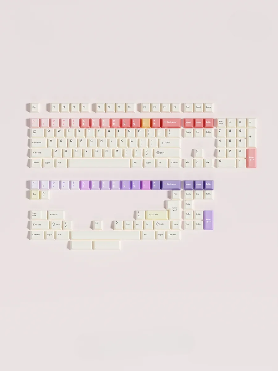 Perspective view of dessert-themed PBT keycaps for mechanical keyboards, featuring pastel cheese and fruit graphics.