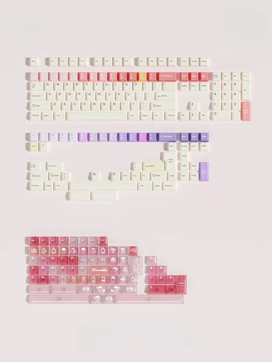 Arrangement of playful PBT keyboard caps with strawberry and cheese designs, enhancing any custom keyboard aesthetic.