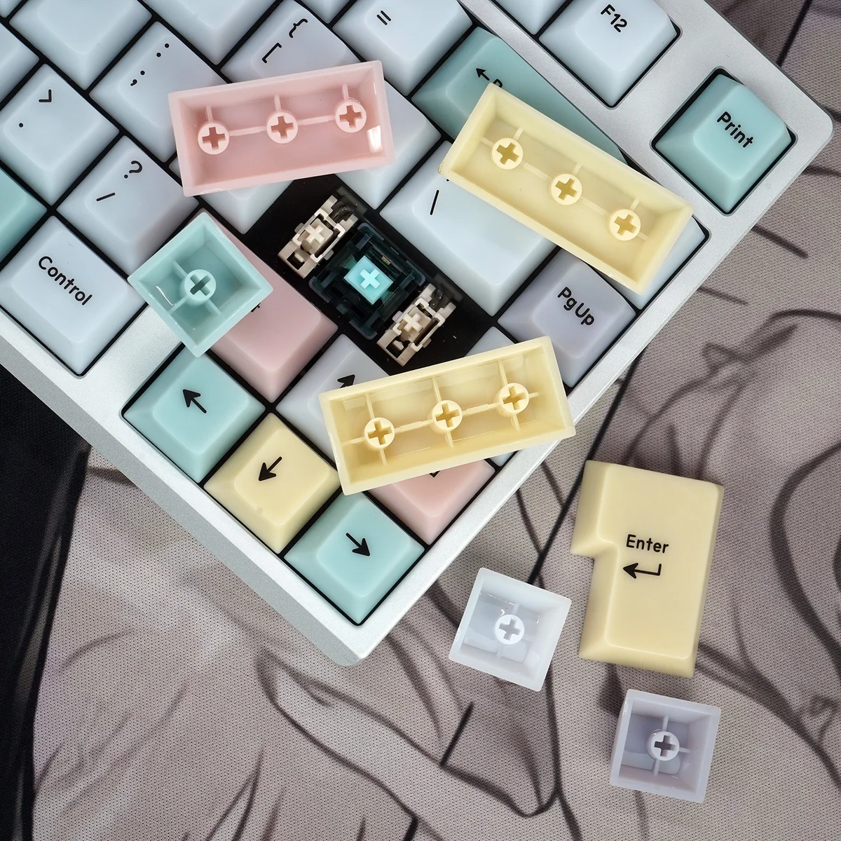 Ethereal Mist-Translucent Cherry Lost Theme Keycaps Set from a distinct angle, showcasing their mysterious white cloud-like essence and artistic translucent design.