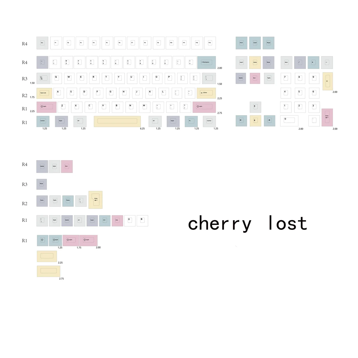 Ethereal mist-translucent Cherry Lost Theme Keycaps Set from various perspectives, revealing their mysterious white glow and intricate, artistic details.