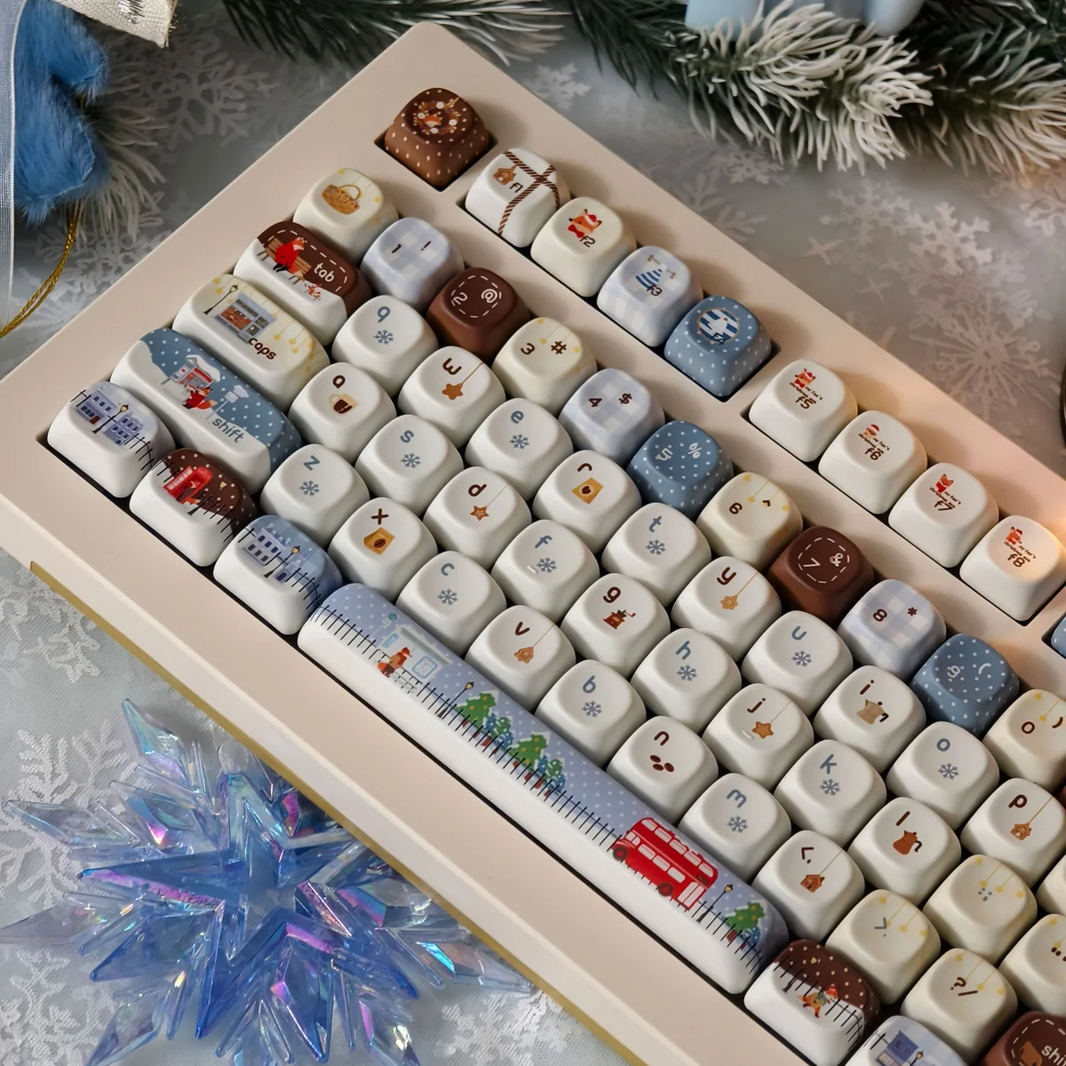 Holiday-themed PBT keycaps set from various angles, featuring vibrant dye-sublimated Christmas designs.