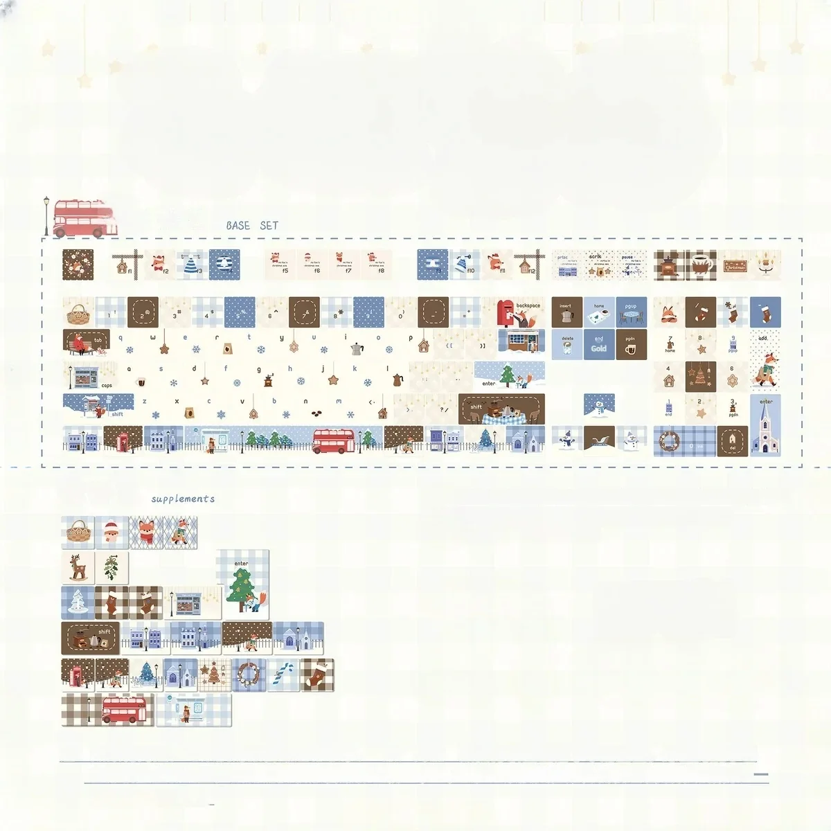 Mechanical keyboard holiday keycaps, displaying enchanting winter scenes and fade-resistant legends from multiple perspectives.