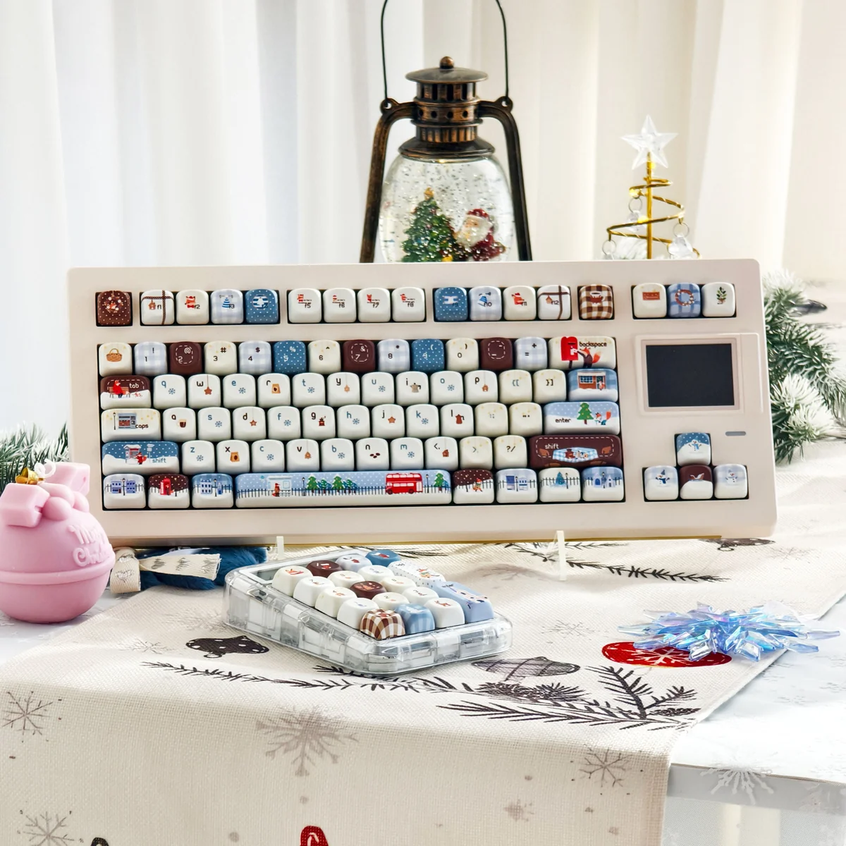 Angled view of a custom Christmas PBT keycap set, emphasizing its robust construction and charming festive patterns.