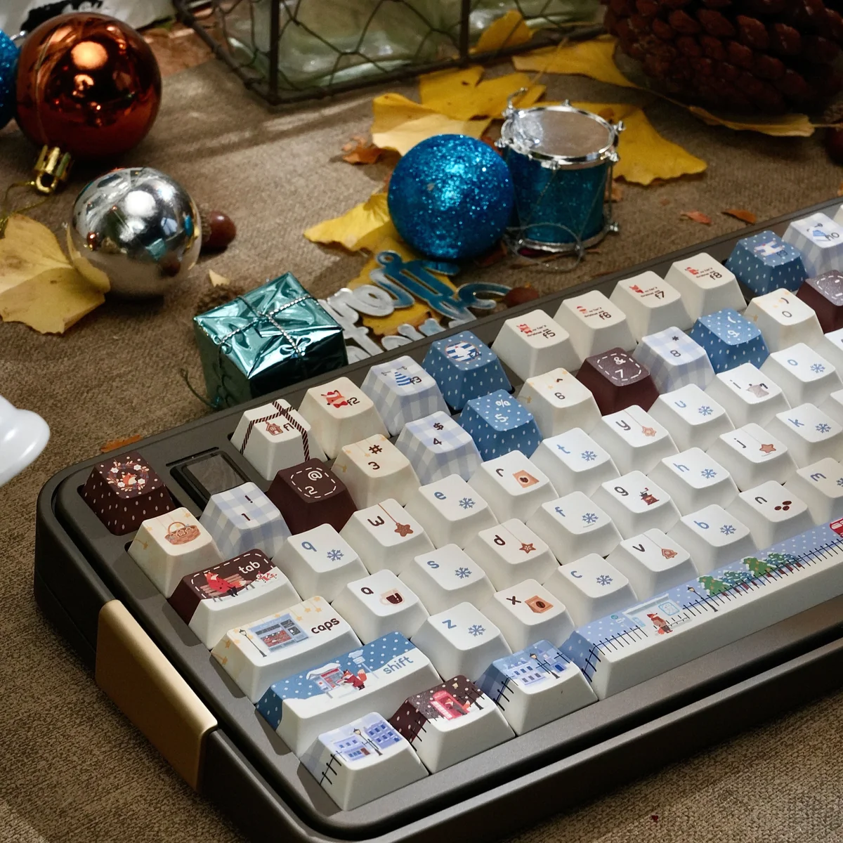 Complete 120-key Christmas Whispers set, opaque PBT keycaps with clear, long-lasting dye-sublimated holiday art.