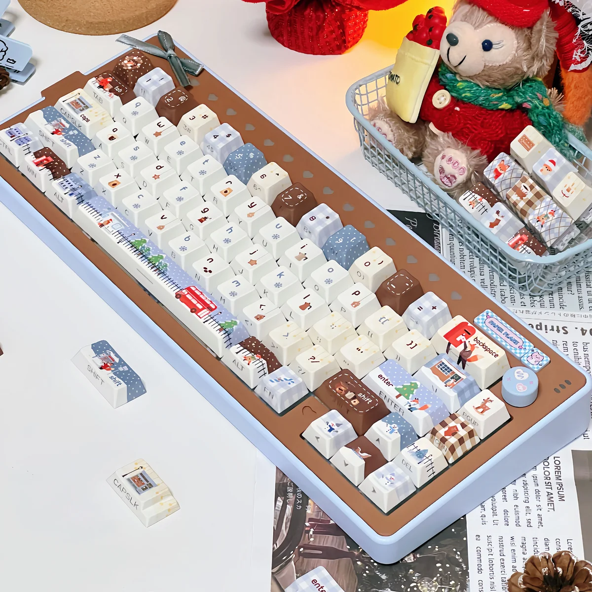 Winter aesthetic PBT keycap set, featuring the full 120-key layout with unique Christmas Whispers designs for keyboard customization.