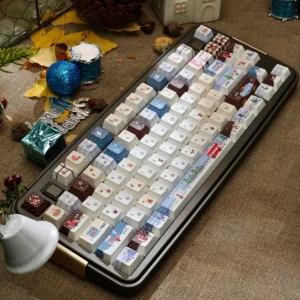 Custom Christmas keyboard caps, showcasing whimsical holiday motifs and durable PBT material for a festive desk.