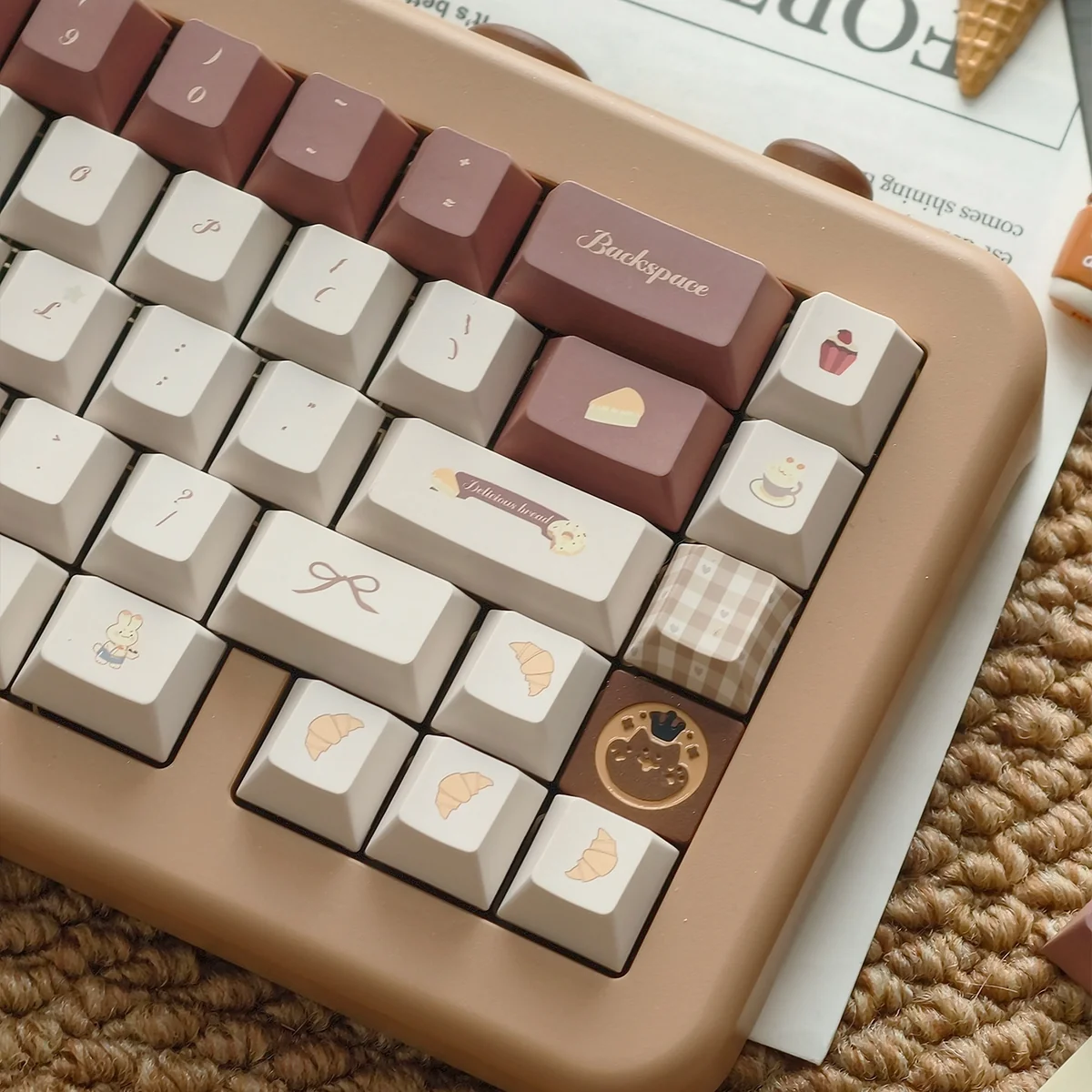 Multiple charming angles of the whimsical coffee rabbit keycap set, revealing its playful design and sweet pastel mint dessert landscape.