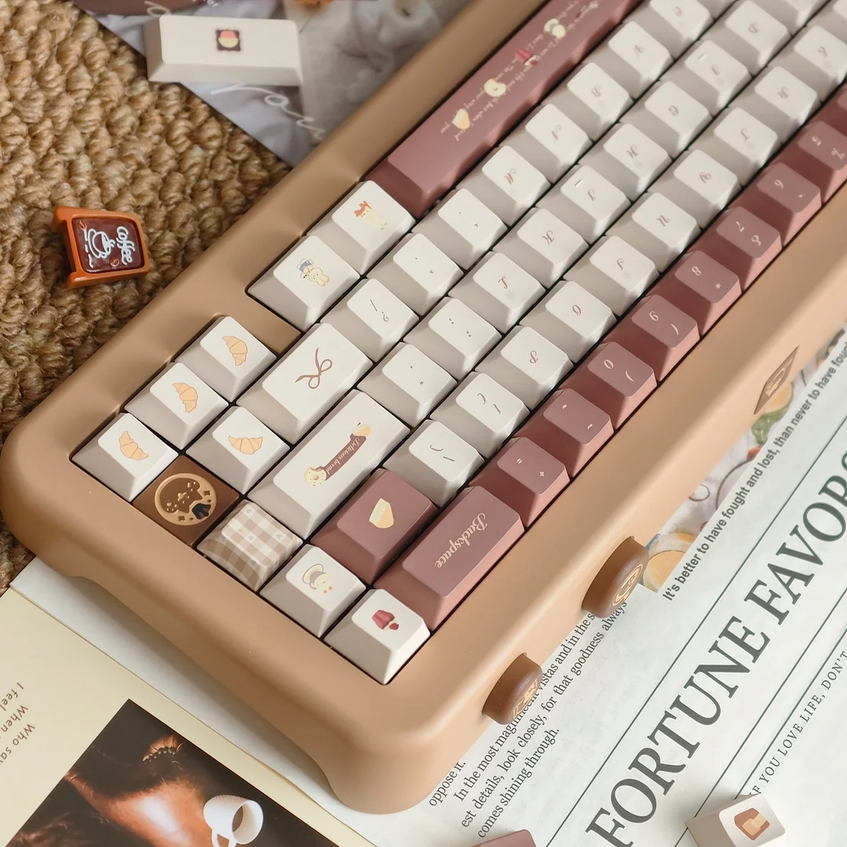 Whimsical coffee rabbit keycap set gallery, showcasing the charming design from various playful angles. Perfect for keyboard enthusiasts.