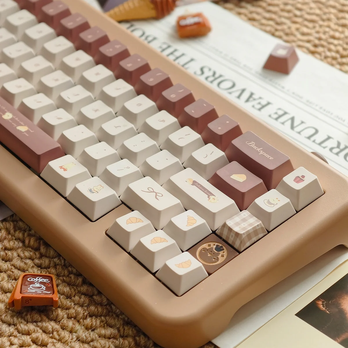 Detailed views of the whimsical coffee rabbit keycap set, showcasing its sweet design and pastel landscape from various playful angles.