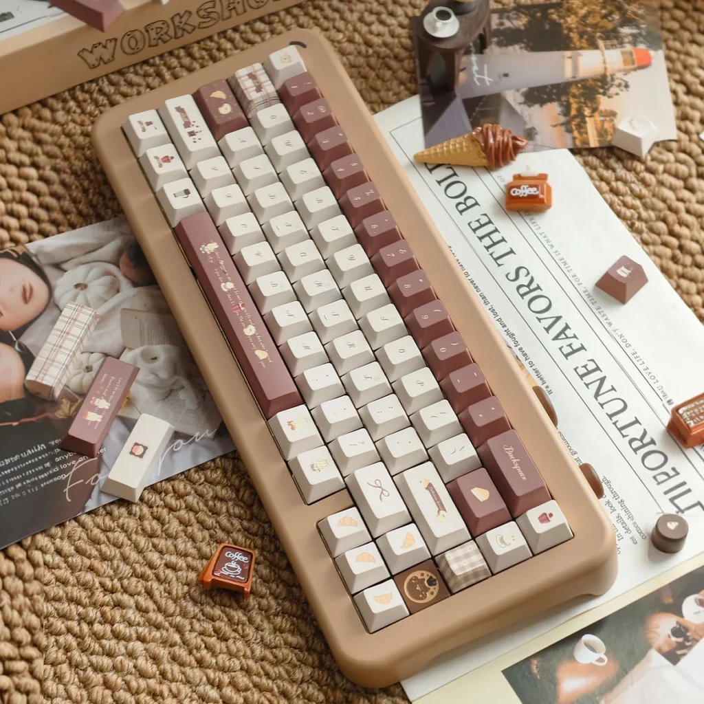 Whimsical Coffee Rabbit Keycap set featuring a charming coffee rabbit nestled sweetly in a pastel mint dessert landscape.