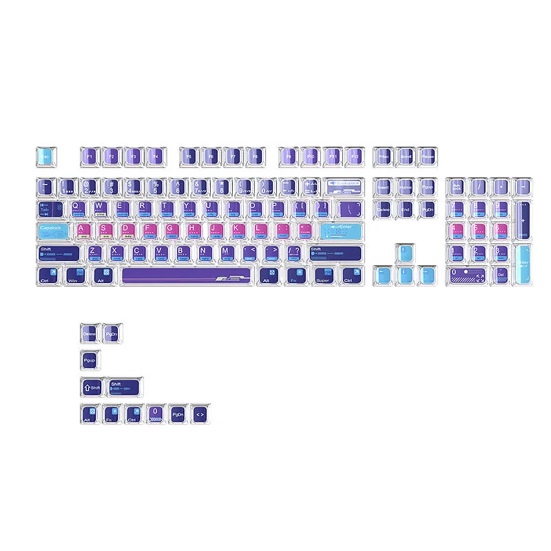 Premium Cosmic Code Crystal MDA Keycaps Set, showcasing mysterious 3D cosmic patterns embedded in transparent crystal from different angles.